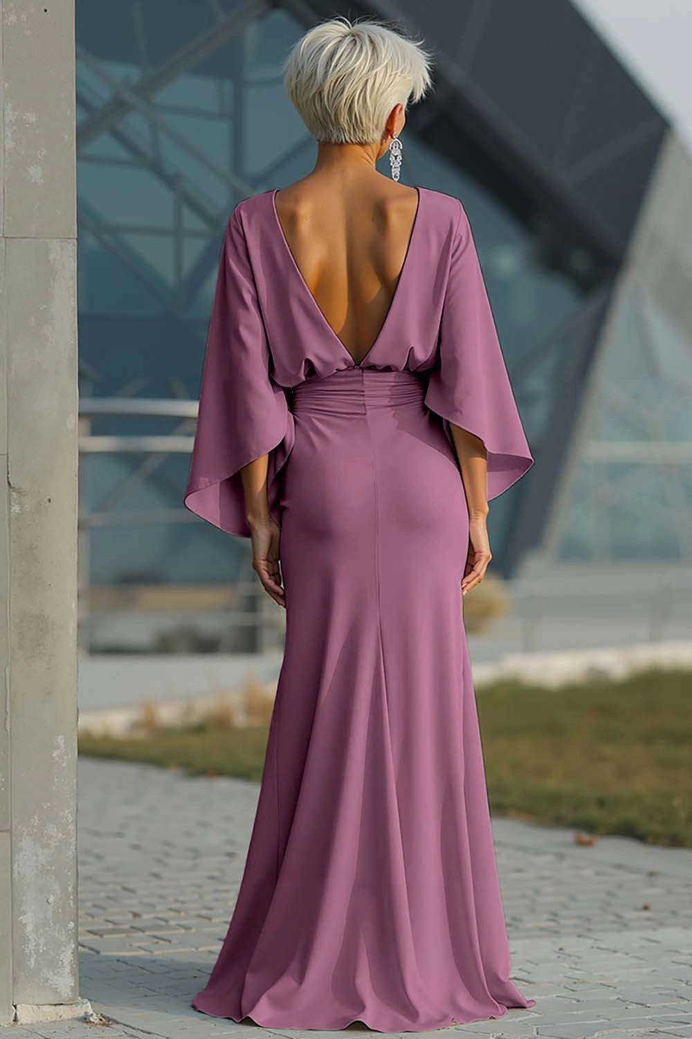 Satin Mermaid Boat Neck Dolman Deep V Back Maxi Wedding Guest Dress