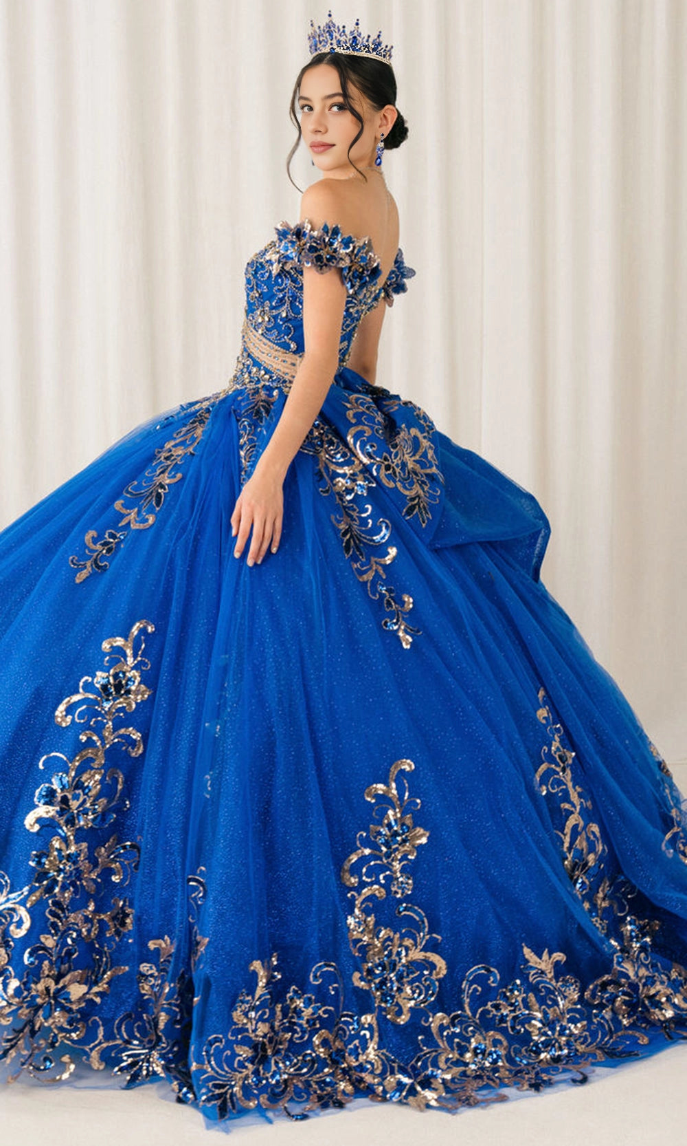 Glam Ball Gown Off‑Shoulder Floral Sleeve Lace‑Up Back Sweep Train Quinceanera Dress