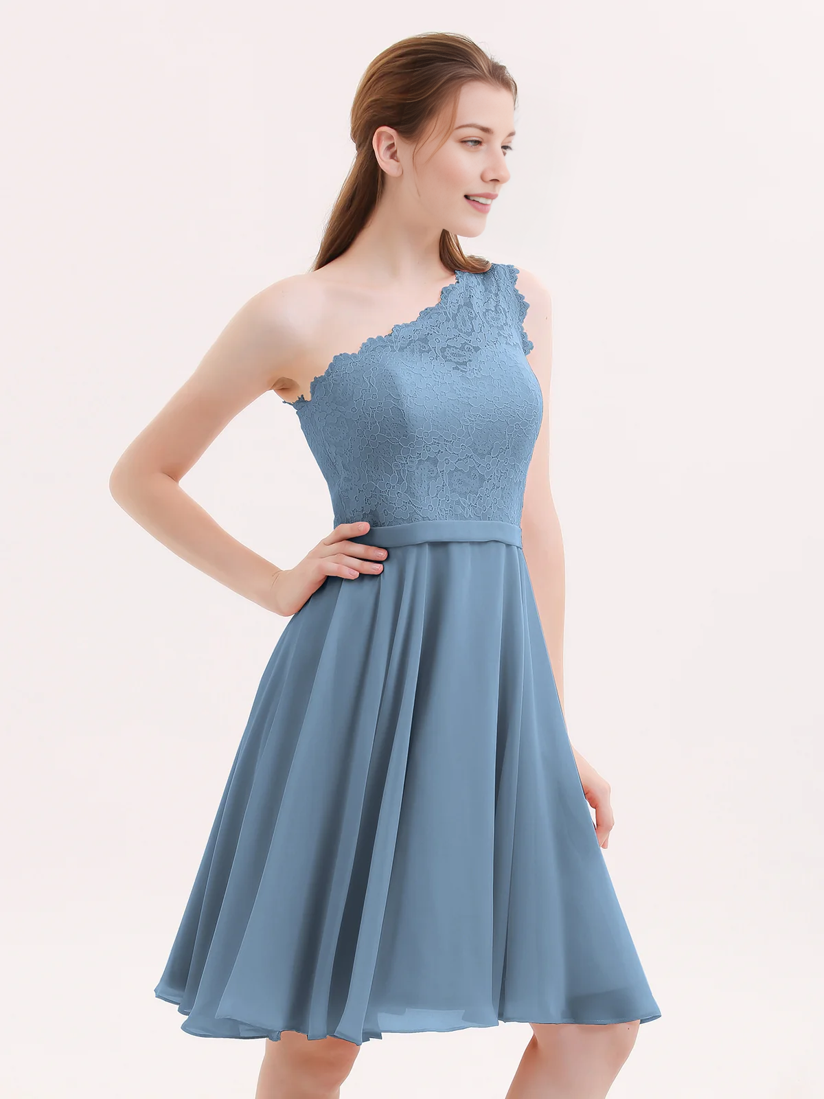 One Shoulder Lace Top A-Line Knee-Length Chiffon Bridesmaid Homecoming Short Dress