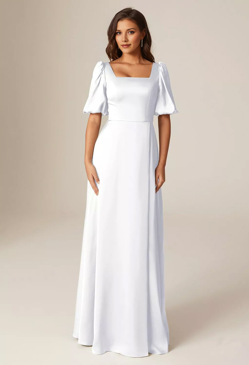 Square Neck Puff Sleeve Satin A-Line Bridesmaid Maxi Dress with Side Slit