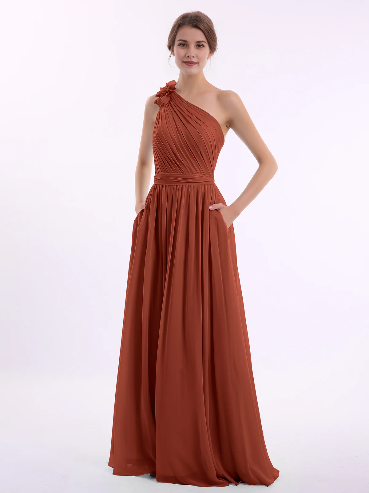 One Shoulder 3D Flower Ruched Chiffon Bridesmaid Maxi Dress with Pockets & Open Back Sash