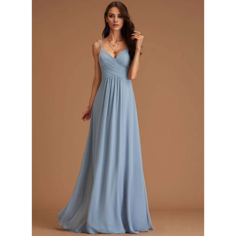 Spaghetti Strap V-Neck Chiffon Bridesmaid Dress - A-Line Floor-Length Formal Gown for Wedding Guest