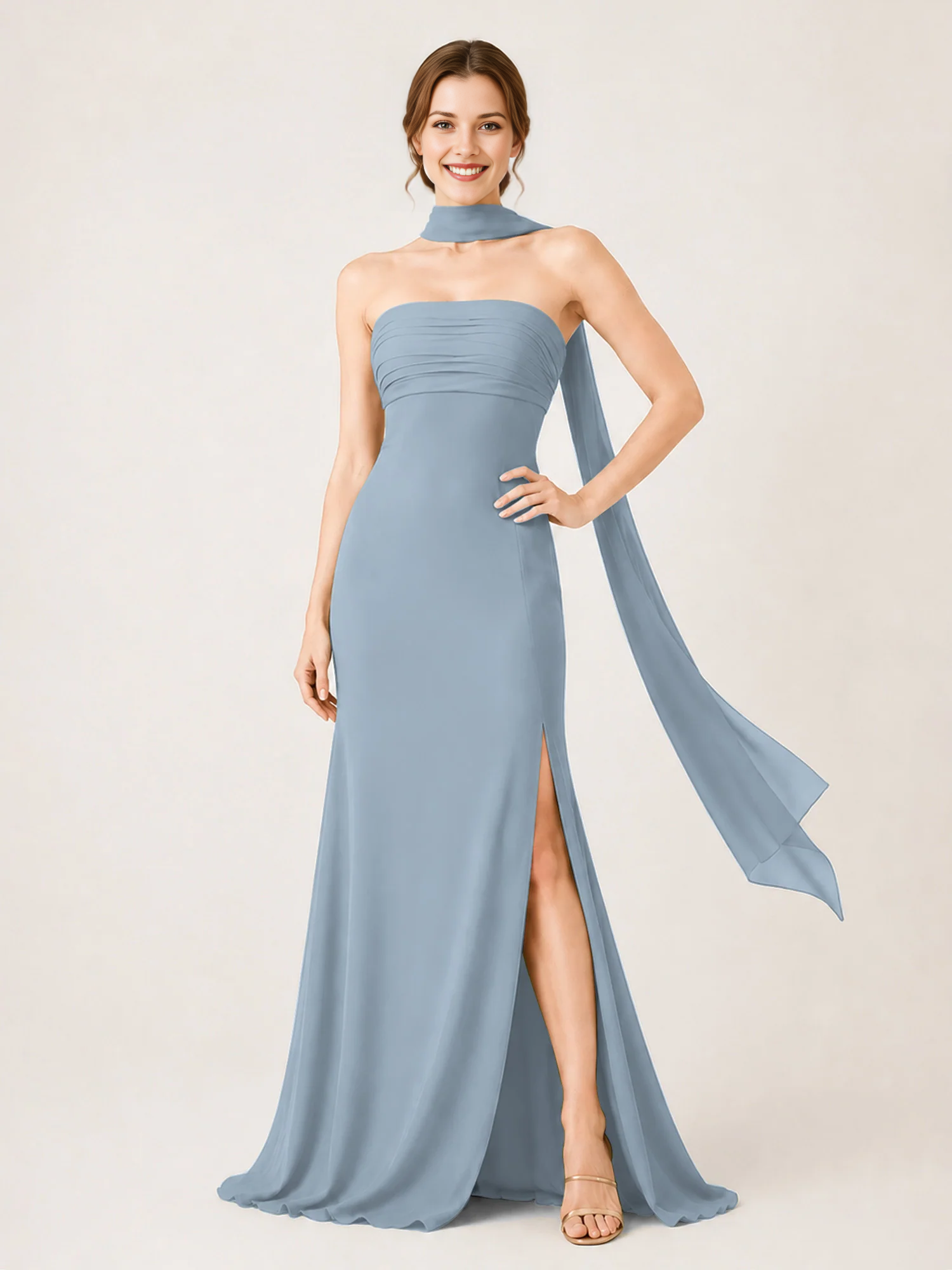 Strapless Ruched Chiffon Mermaid Bridesmaid Dress with Choker Scarf & High Slit