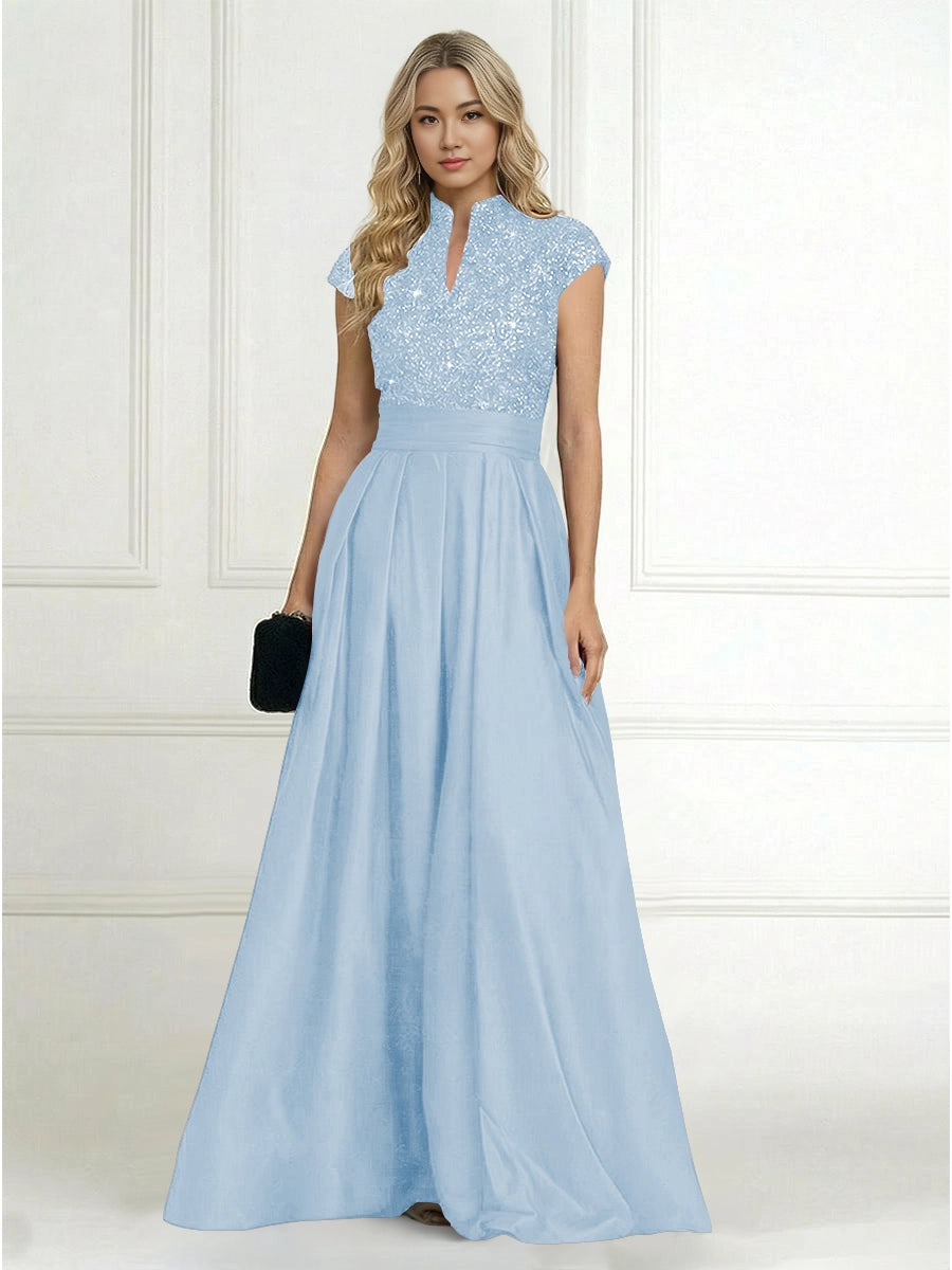 Luxury A-Line High-Neck Cap-Sleeve Zip-Back Floor-Length Plus Size Mother of the Bride Dress