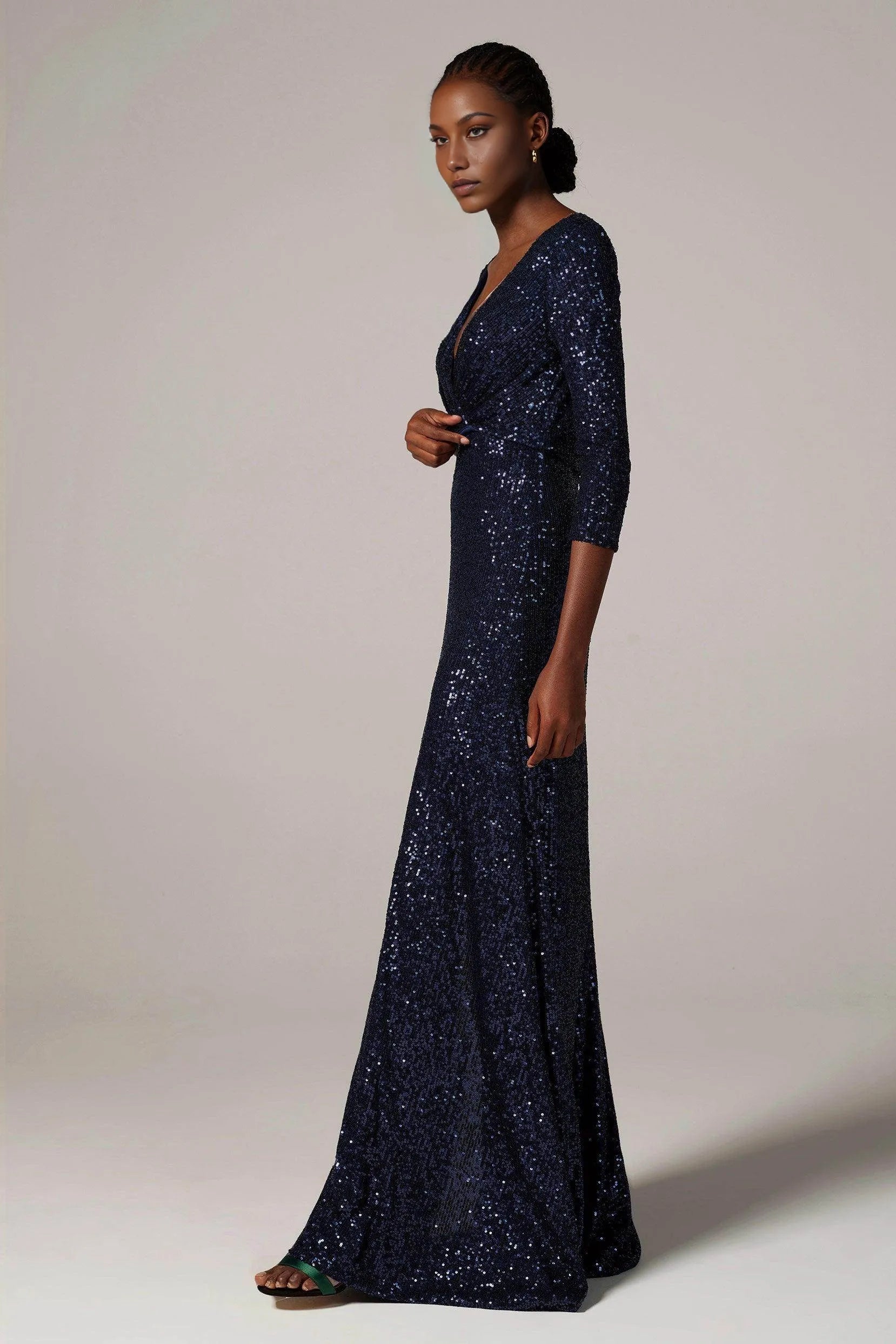 Luxe Sheath V-Neck Three-Quarter Sleeve Sequin Cutout Slit Evening Dress