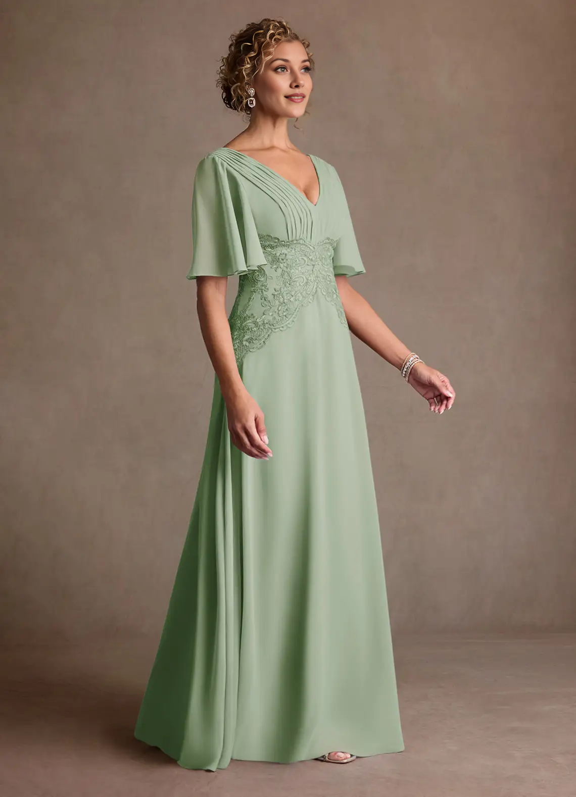 V-Neck Flutter Sleeve Lace Waist Chiffon A-Line Floor-Length Mother of the Bride Dress