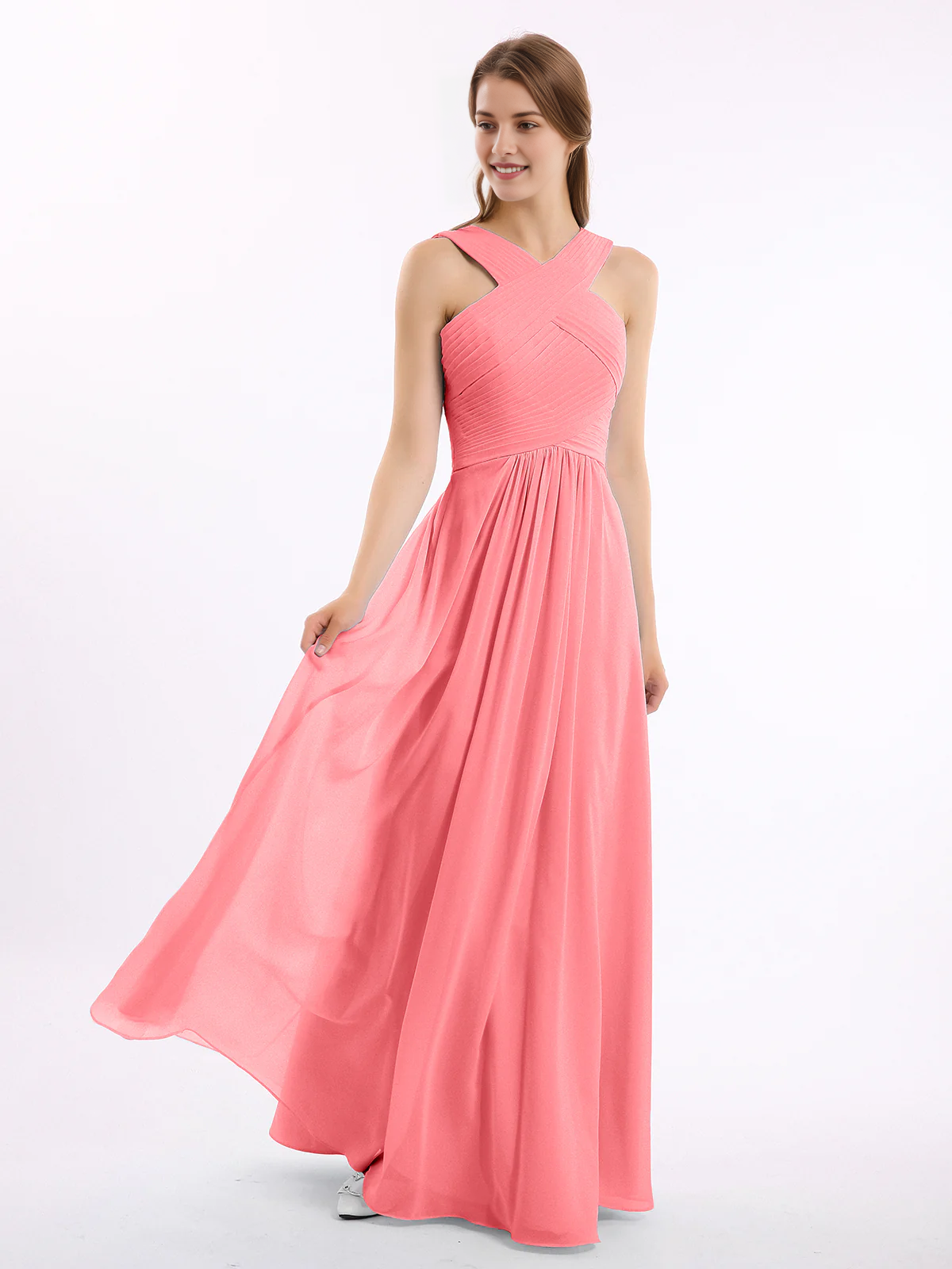 Crisscross Neck Pleated Bodice Flowy Chiffon A-Line Floor-Length Bridesmaid Evening Maxi Dress