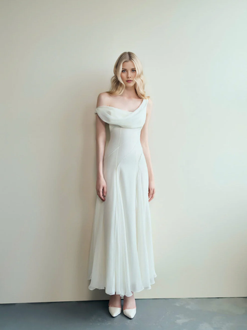 One Shoulder Draped Cowl Neck Chiffon Mermaid Maxi Wedding Dress
