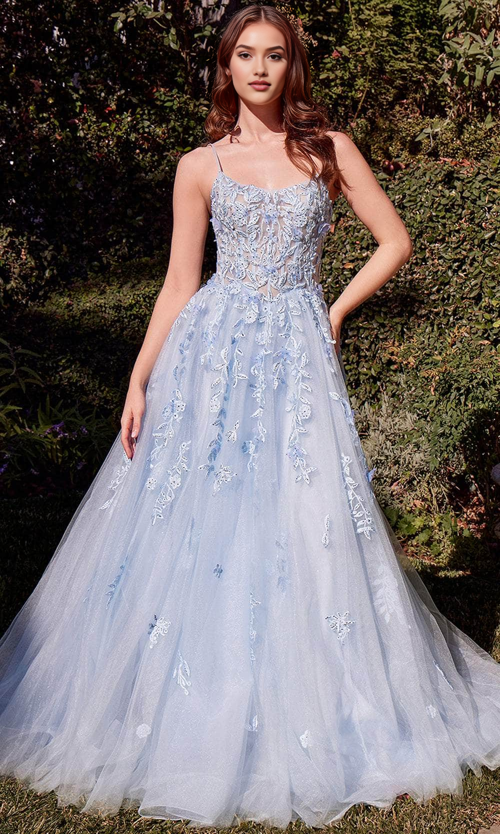A-Line Princess Floral Embroidered Ball Gown Spaghetti Strap Open Back Floor Length Prom Dress