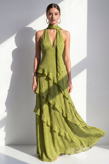 Vedress olive green dotted chiffon tie halter v neck ruffled maxi wedding guest dress front view