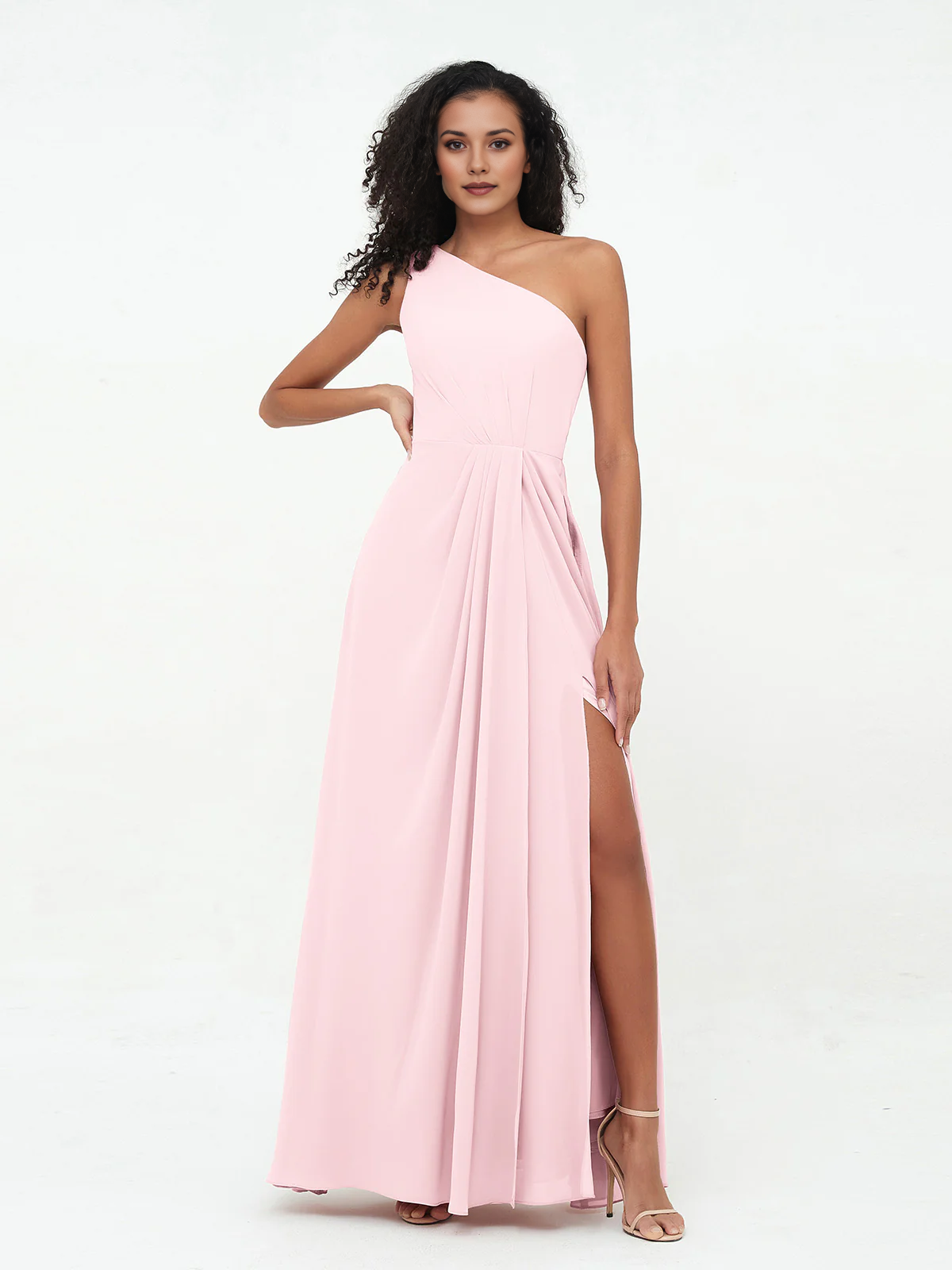 One Shoulder Pleated Waist Chiffon A-Line Bridesmaid Maxi Dress with Side Slit
