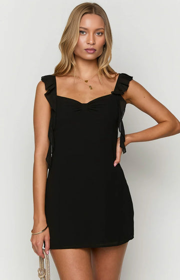 A-line bow ruffle strap plain back mini homecoming dress