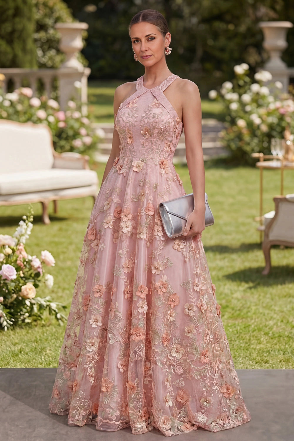 Vedress dusty pink 3D floral halter maxi wedding guest dress garden manor photoshoot
