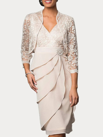 Women's Elegant Two-Piece Lace & Ruffle Formal Dress Set with Jacket Mother of the Bride Dress