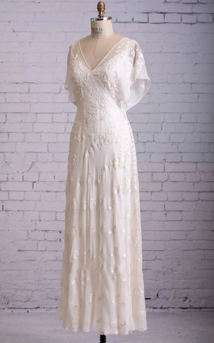 Soft A line V Flutter Sleeve V Back Floor Length Lace Wedding Dress