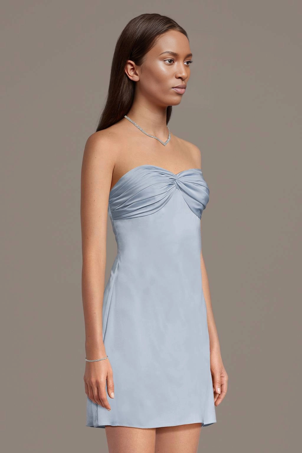 Light Blue Satin A Line Strapless Zip Back Mini Homecoming Dress