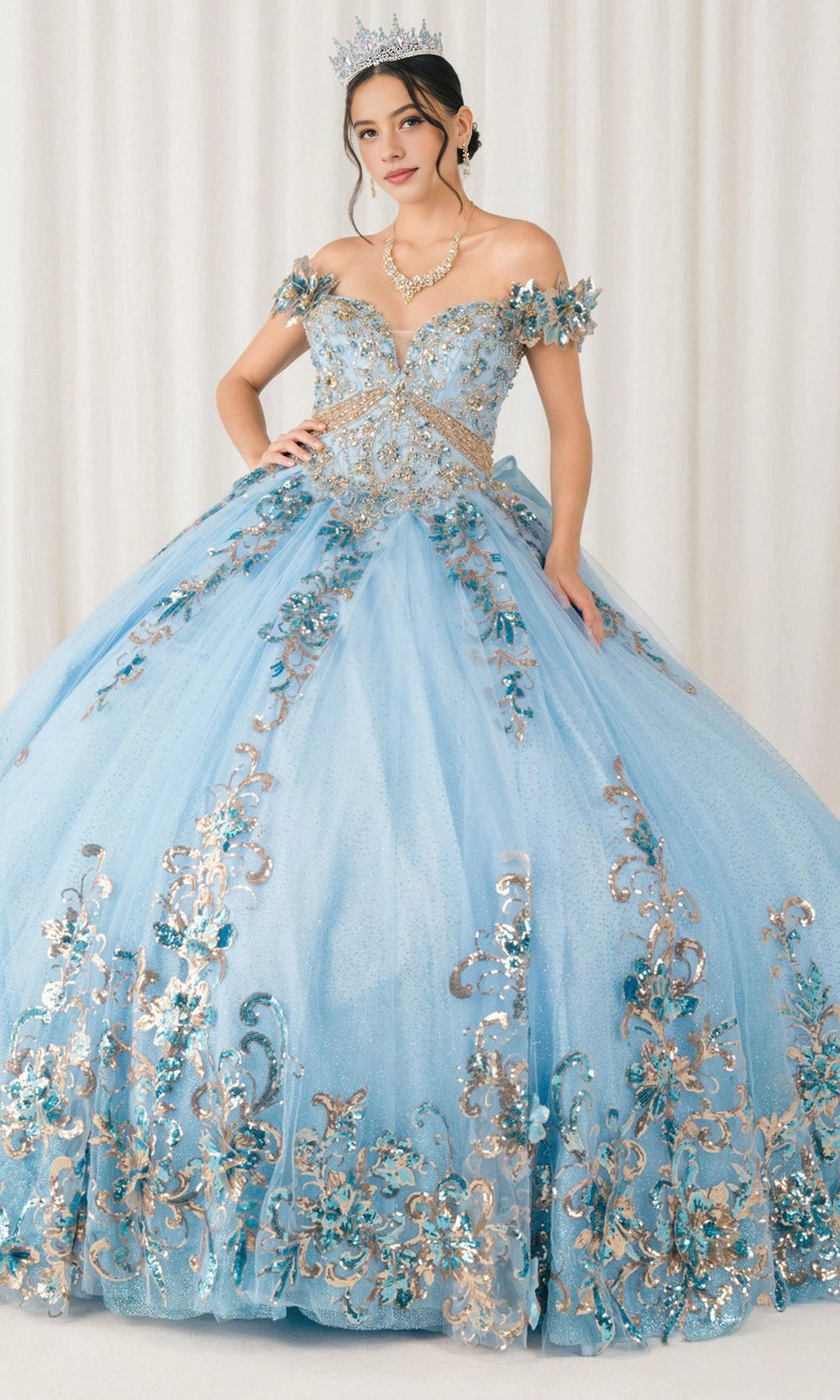 Glam Ball Gown Off‑Shoulder Floral Sleeve Lace‑Up Back Sweep Train Quinceanera Dress