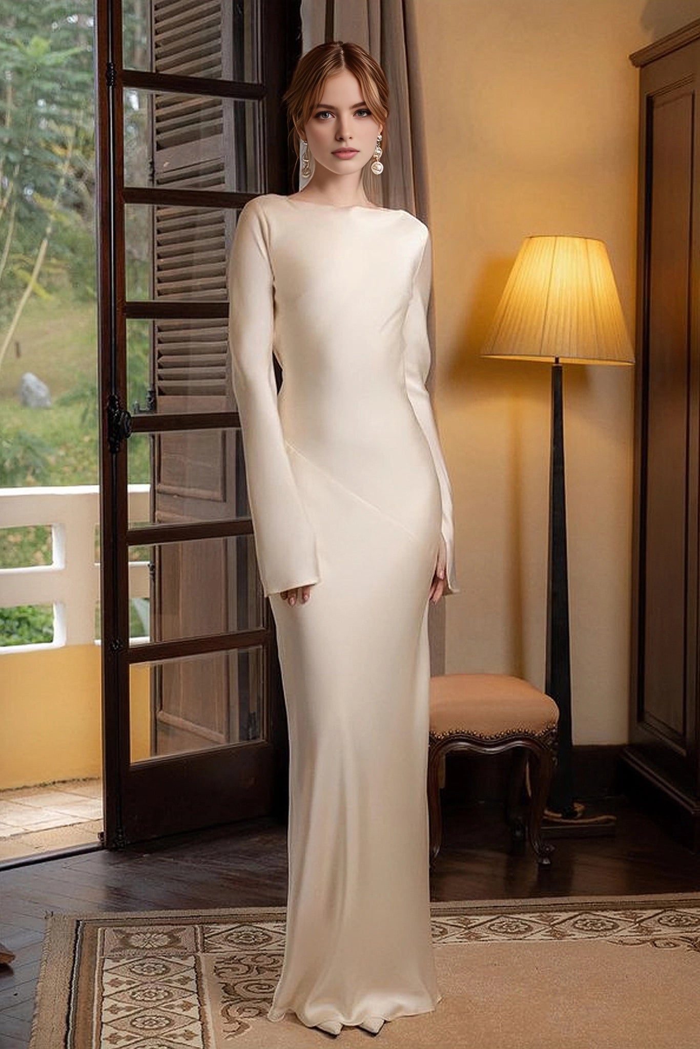 Vedress creamy‑white satin boat‑neck long flare sleeve fitted mermaid long prom dress front‑view