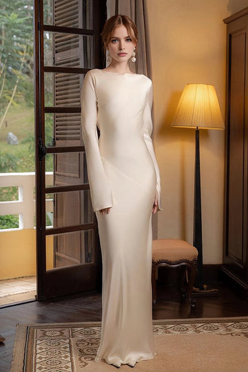 Vedress creamy‑white satin boat‑neck long flare sleeve fitted mermaid long prom dress front‑view