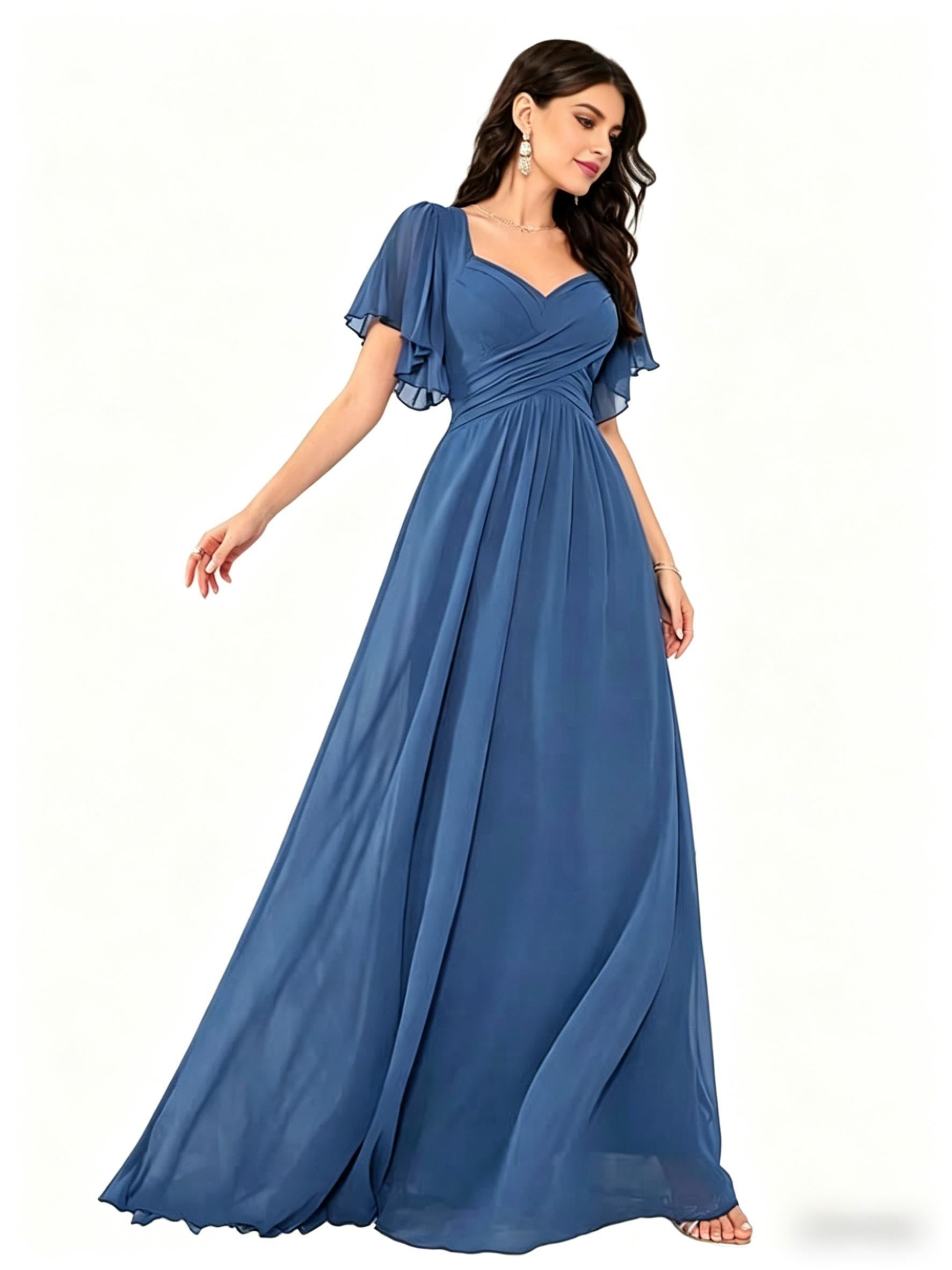 Square Neck Flutter Sleeve Chiffon Bridesmaid Dress - A-Line Floor Length Formal Evening Gown with Lace-Up Back for Wedding Guest & Party