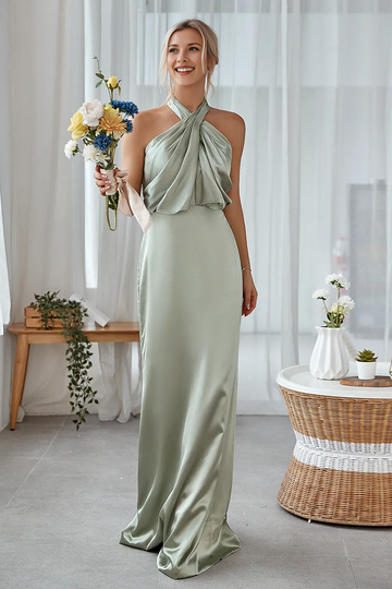Halter Twist Neck Satin Mermaid Bridesmaid Dress with Open Keyhole Back