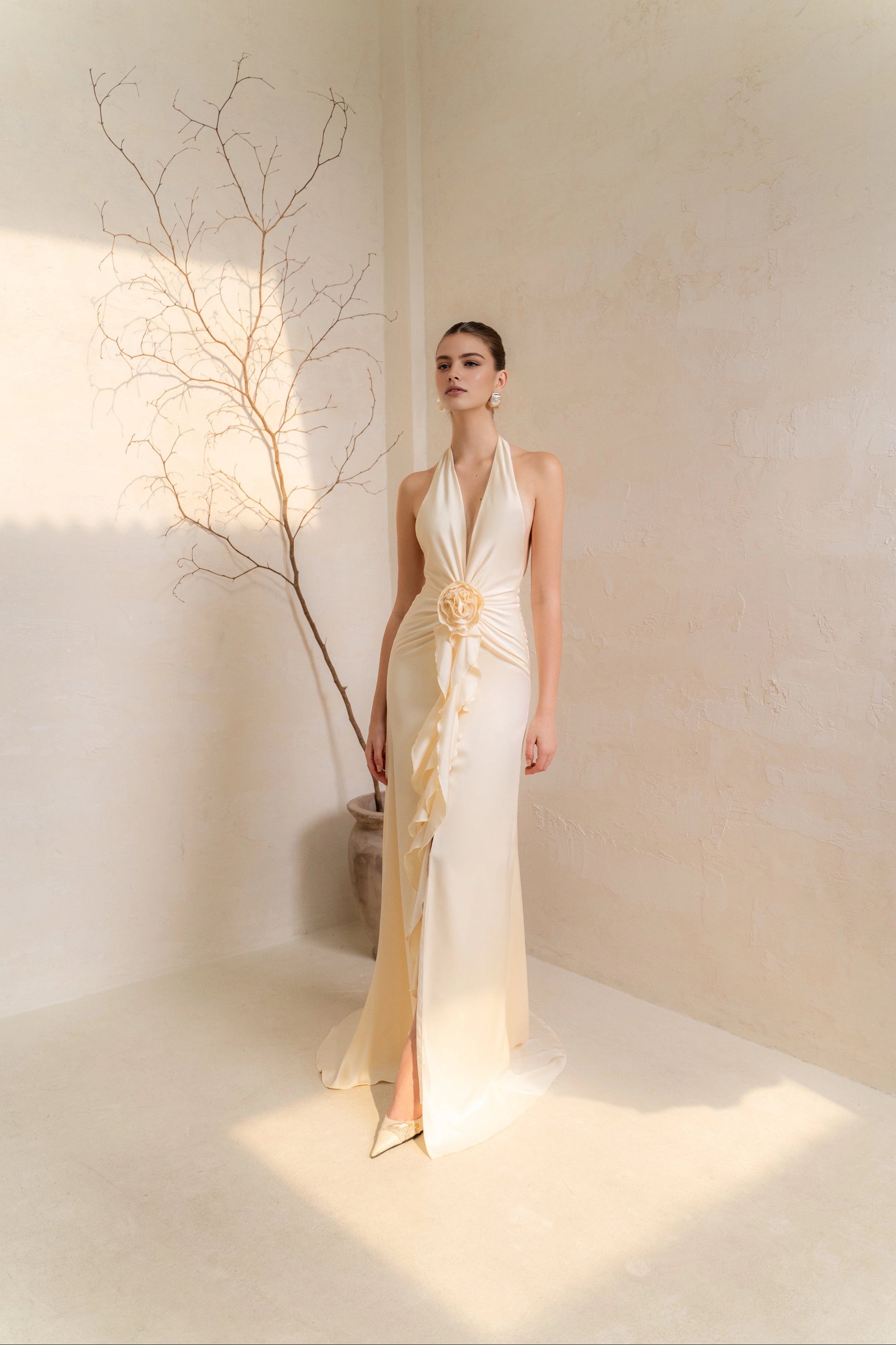 Vedress cream satin deep‑v halter neck waist rose ruffle high‑slit mermaid long prom dress front‑view