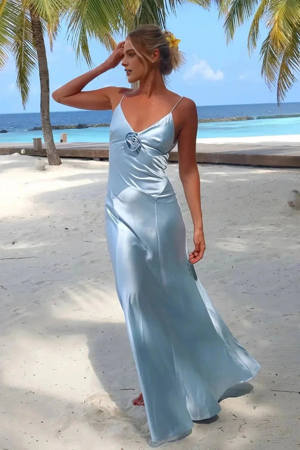 Vedress light blue satin mermaid prom dress front view with 3d rose decoration