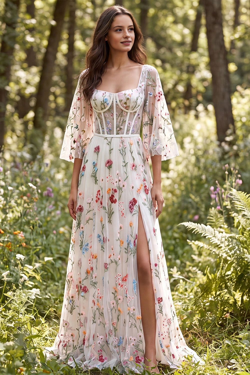 Vedress colorful floral embroidery corset bridesmaid dress square neck flare sleeve woodland meadow