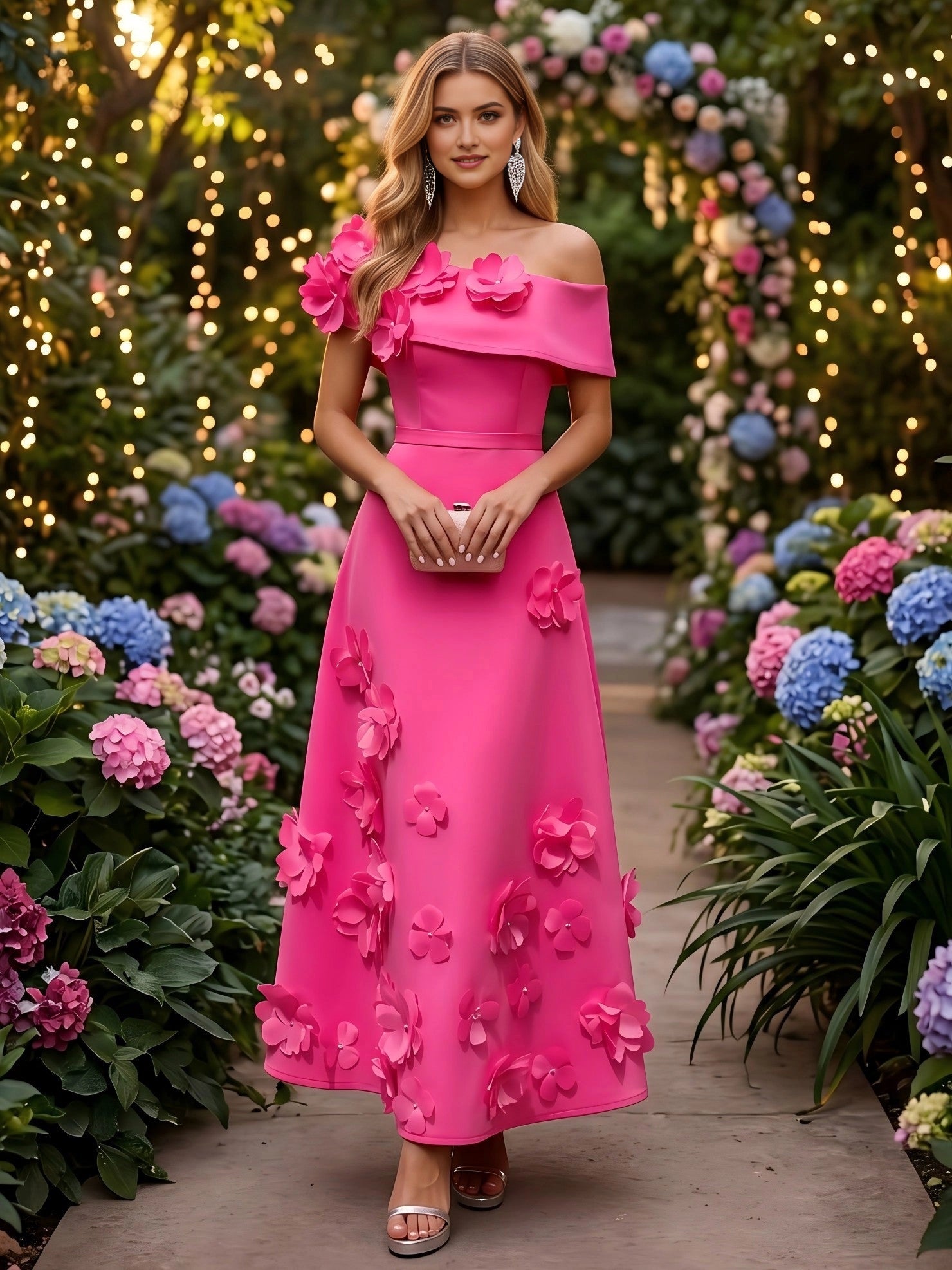 Vedress hot pink 3D flower off‑shoulder A‑line midi prom dress front view
