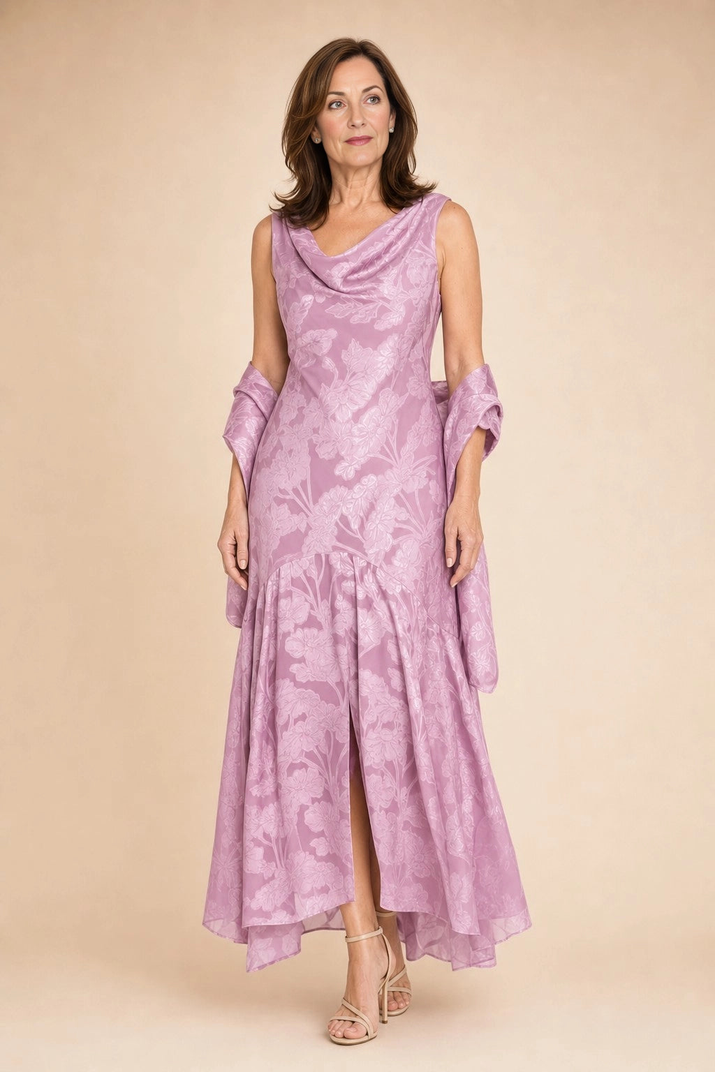 Blush A‑Line Cowl Neck Zipper Back Midi Mother of the Bride Dress