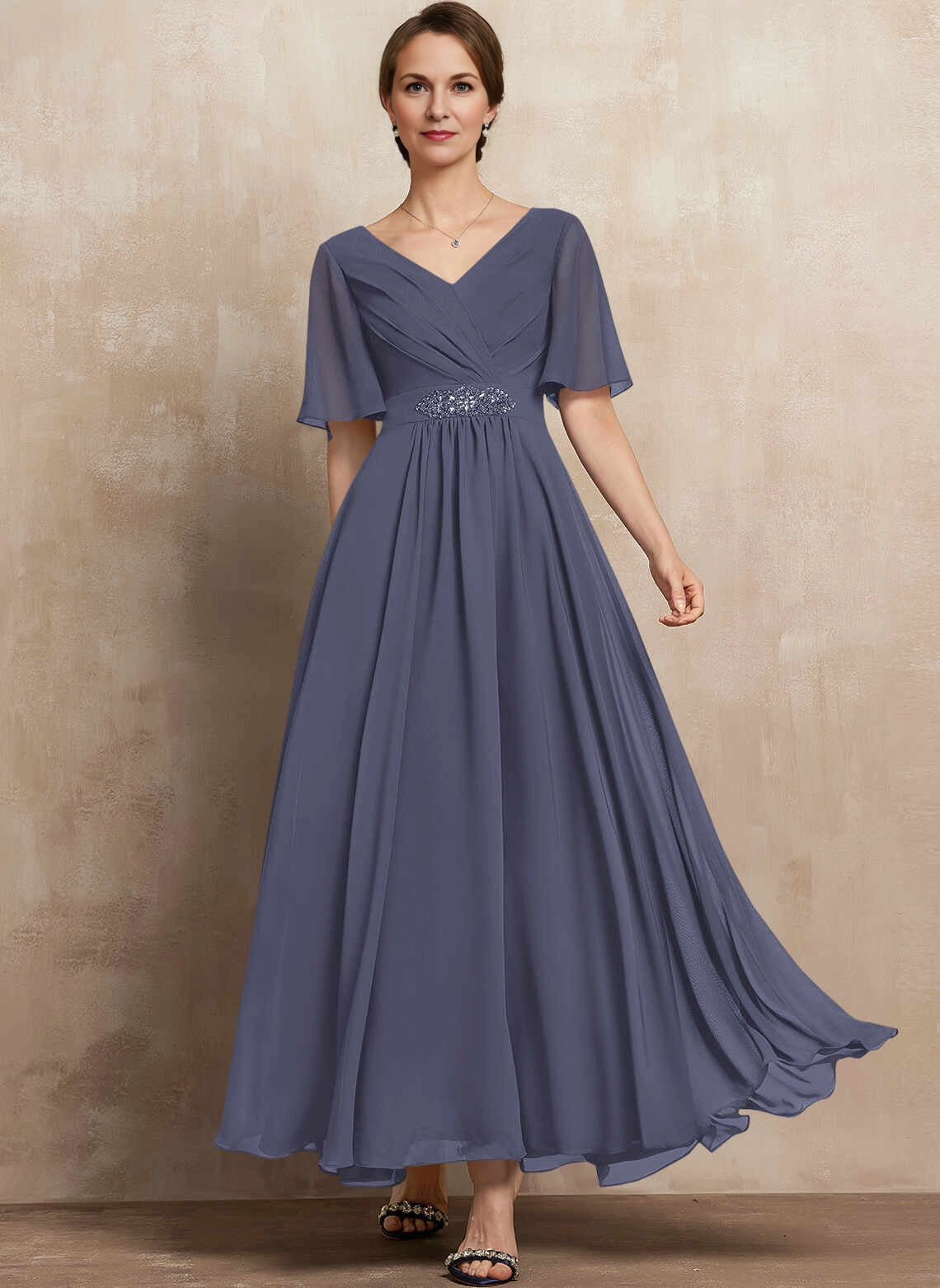Classic A‑Line V‑Neck Flutter Sleeve Zipper Back Long Mother Of The Bride Dress