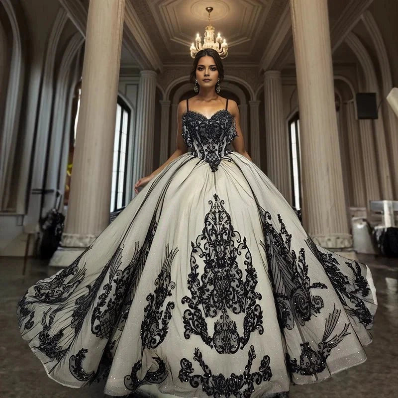 Ballgown Sweetheart Off Shoulder Lace Sleeve Lace-up Back Sweep Train