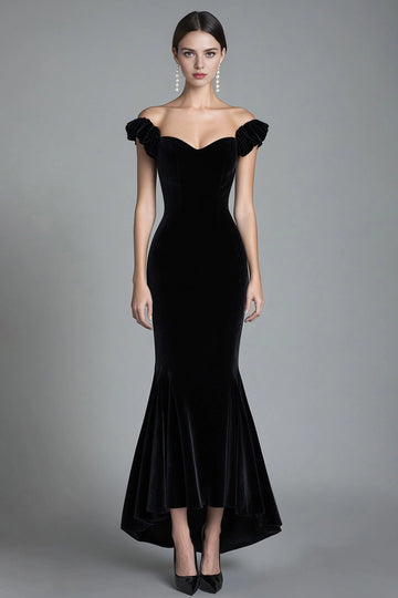 Vedress black velvet mermaid prom gown off shoulder ruffle sleeve sweetheart high low hem front view