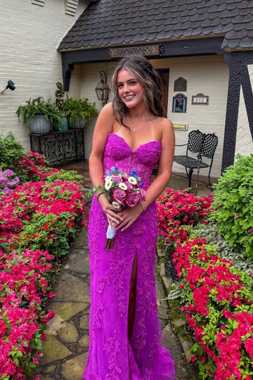 Vedress bright fuchsia strapless sheer lace mermaid prom dress with front high slit outdoor shot
