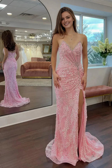 Vedress pink beaded lace mermaid prom dress front view with high thigh slit