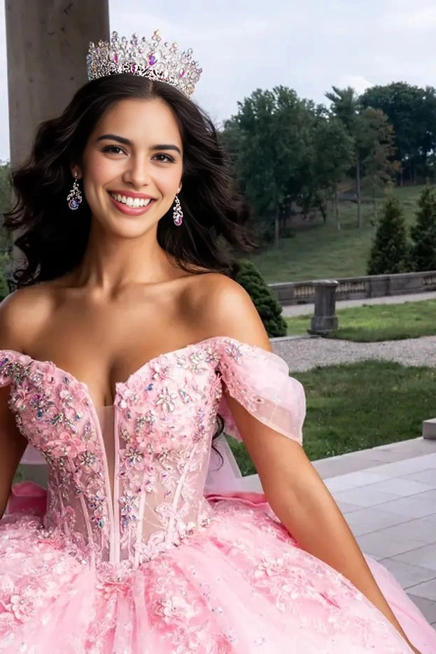 Floral Ball Gown Sweetheart Off Shoulder Corset Bow Train Quinceañera Dress