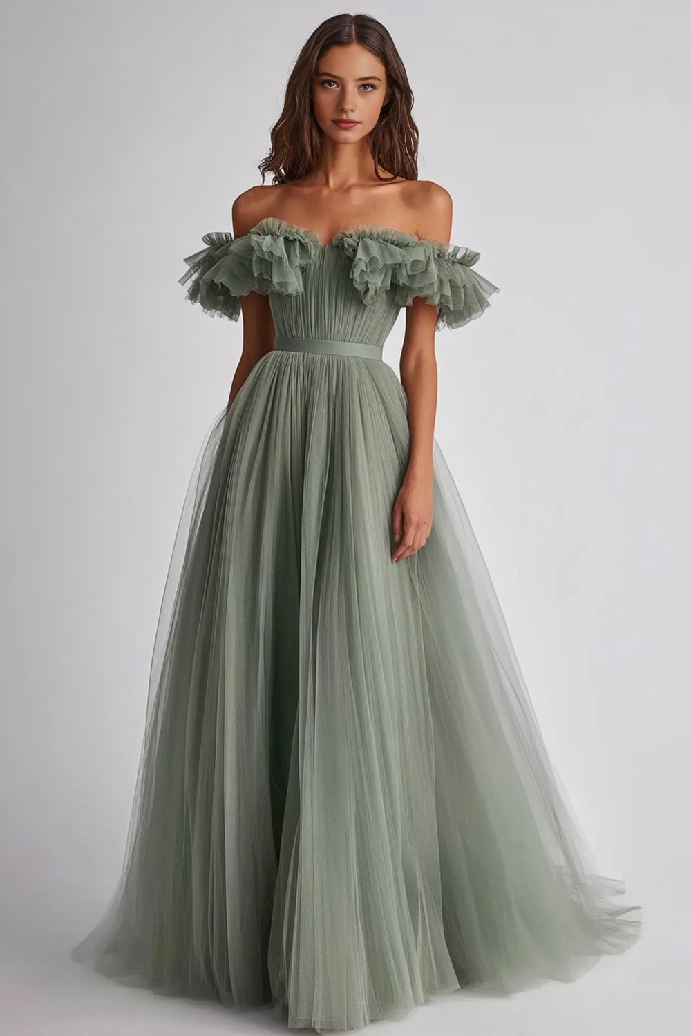 Vedress sage green tulle off shoulder ruffle a line maxi wedding guest dress full front view