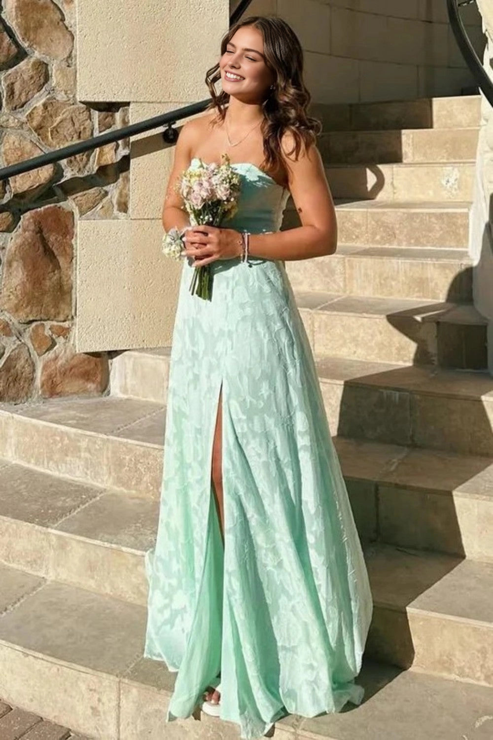 Vedress fresh mint strapless jacquard A‑line long bridesmaid dress with front high slit outdoor stair shot