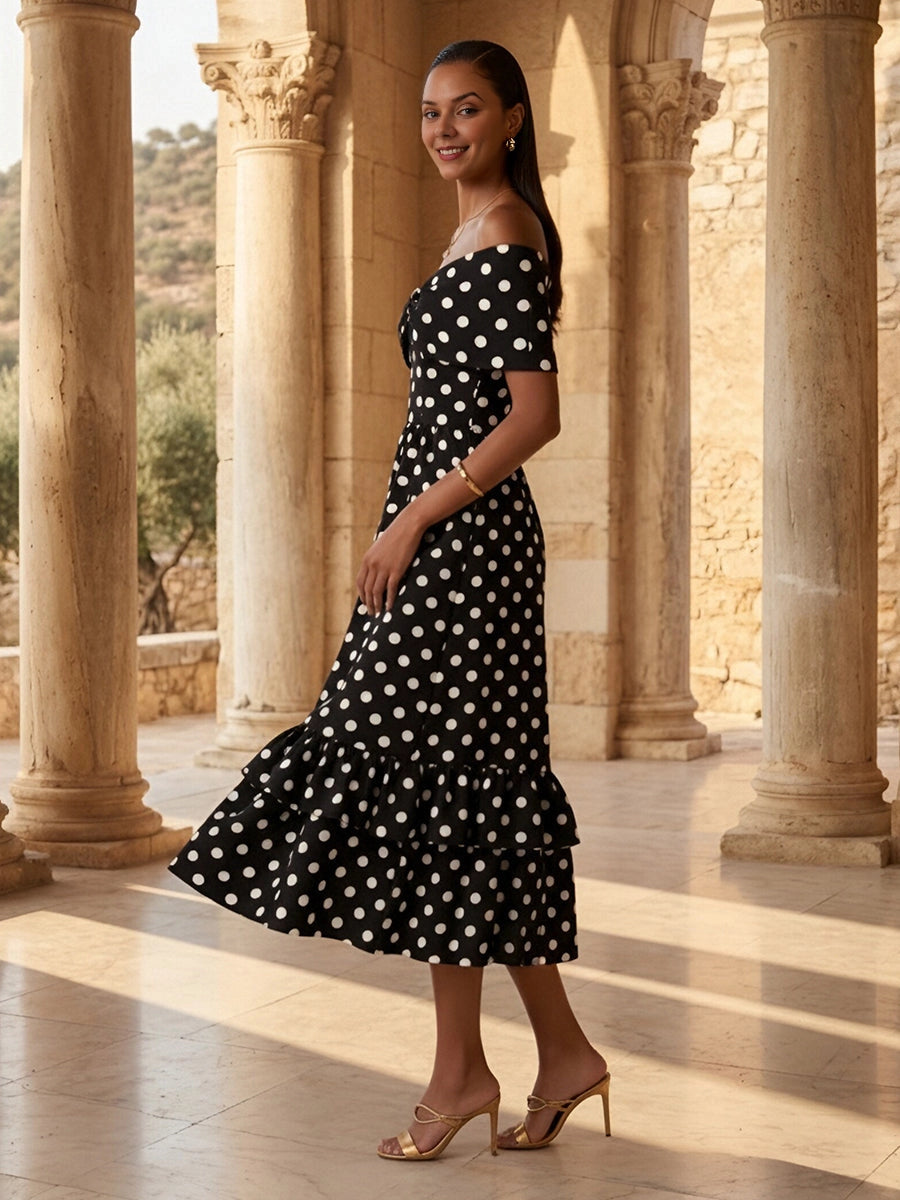 Vintage A‑Line Off‑Shoulder Short‑Sleeve Polka‑Dot Zip‑Back Midi‑Length Wedding Guest Dress