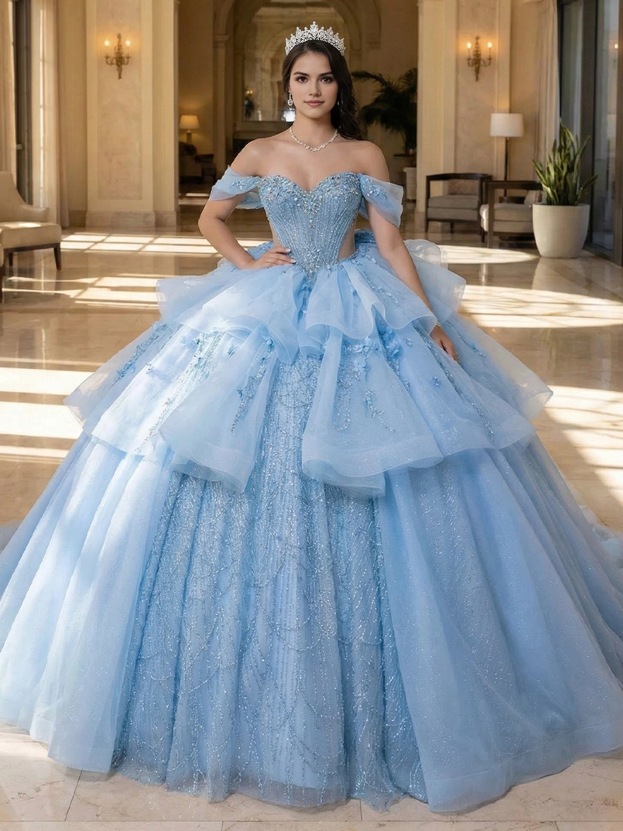 Stunning Light Blue Ball Gown Off-Shoulder Ruffle Sleeve Lace-Up Back Floor Length Quinceanera Dress