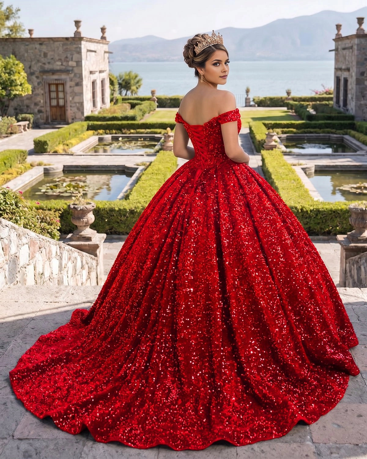 Vedress red quinceañera dress lace-up corset back off shoulder full sequin ballgown long train back view
