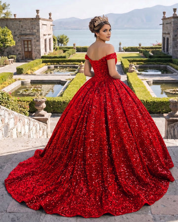 Vedress red quinceañera dress lace-up corset back off shoulder full sequin ballgown long train back view