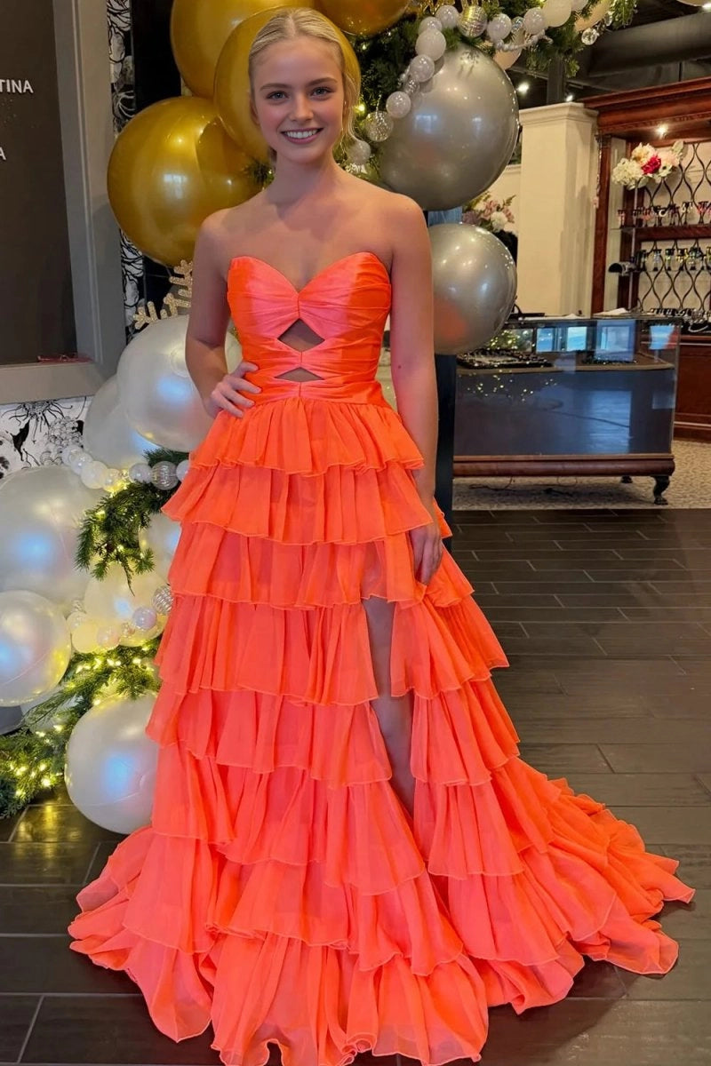 Bright Hot‑Pink A‑Line Strapless Sleeveless Lace‑Up‑Back High‑Slit Tiered Floor‑Length Prom Dress