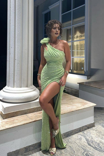Vedress lime green sequin mermaid prom dress front view with 3d flower and high leg slit
