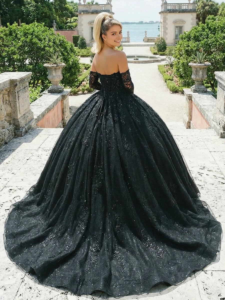 Vedress black glitter tulle quinceanera gown strapless low open back lace-up corset back detachable lace sleeves full ball skirt with train back view