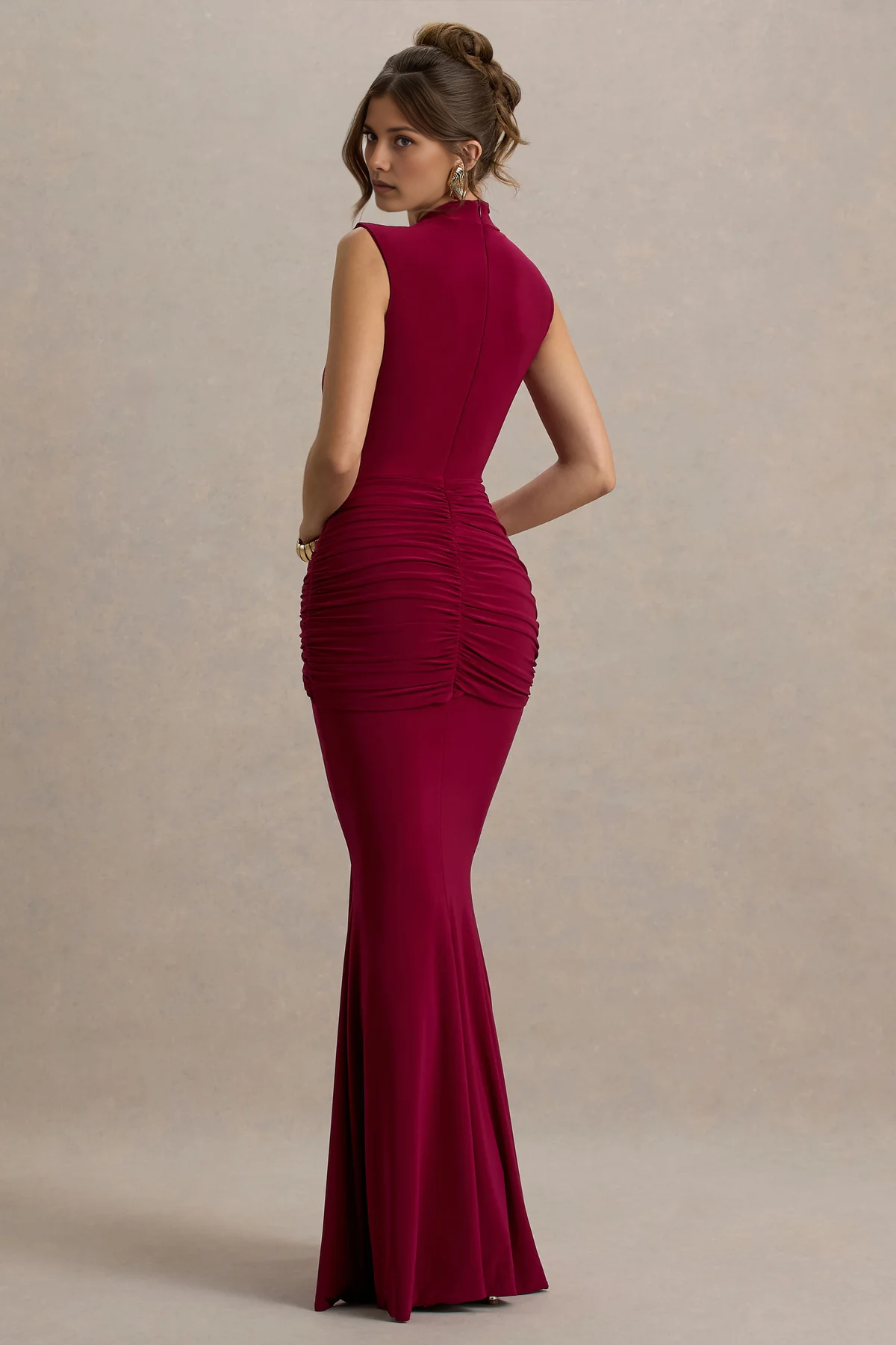Vestido maxi sin mangas de cuello alto con nudo fruncido estilo sirena