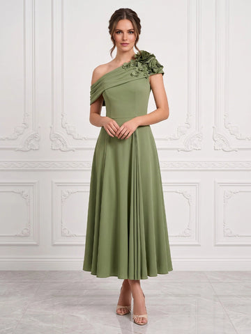 Chic A-Line One-Shoulder Sleeveless Zip-Back Midi Plus Size Mother Of The Bride Dress