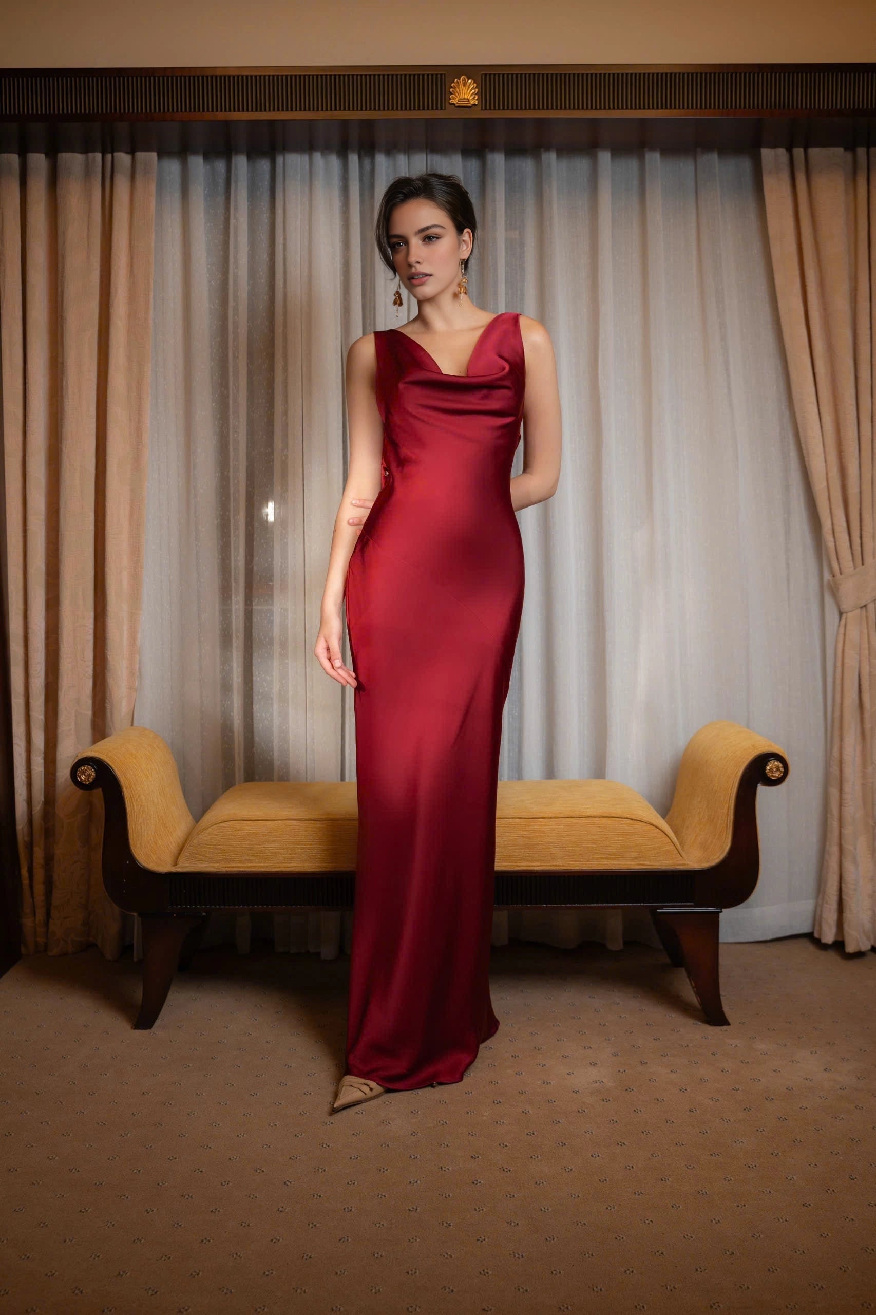 Luxury Satin Mermaid Cowl Neck Sleeveless Cross‑Back Floor‑Length Prom Dress