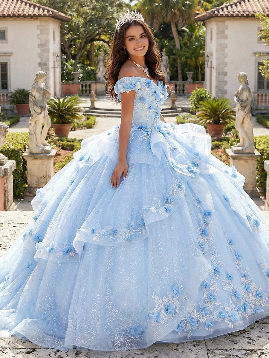 Dreamy Ball Gown Off-Shoulder Short Sleeve Lace-Up Back Court Train Quinceanera Dress