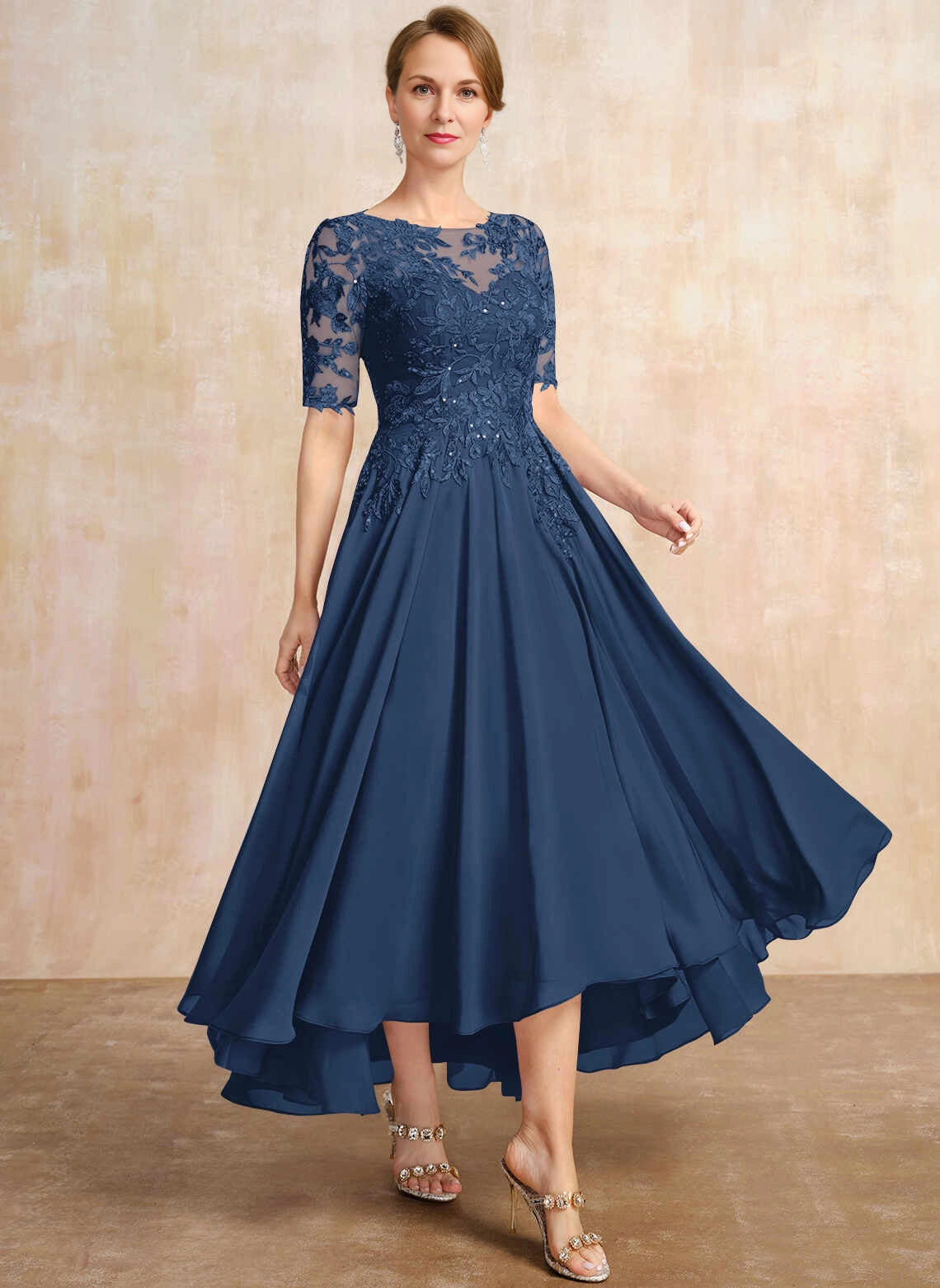 Romantic A‑Line Illusion Neck Half Sleeve Keyhole Back Hi‑Low Mother Of The Bride Dress